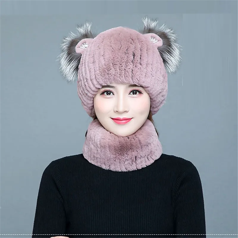 100% набор из шапки и шарфа кроличьего меха со стразами теплым шарфом женский новый