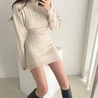 2021korean ins autumn winter temperament round neck sweater dress bodycon open back slim wrap hip knitted dress women thick