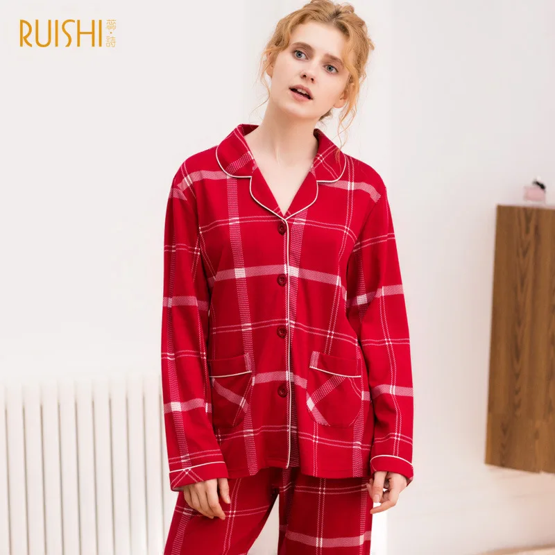 Autumn Winter Cotton Couples Pajamas Sets Women and Men Plaid Casual Home Clothes Beadroom Sleepwear Two Piece Plus Size