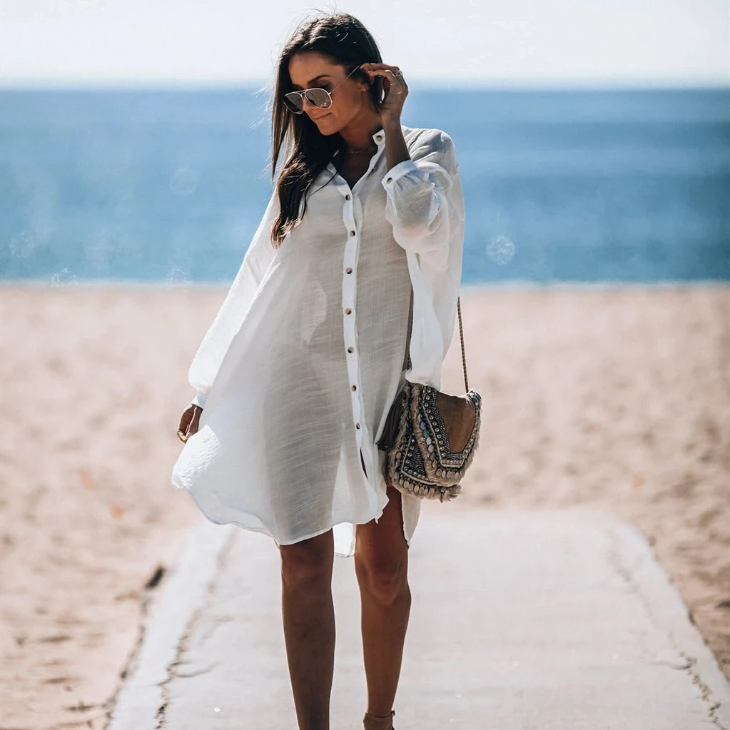 2022 накидки на бикини белая хлопковая туника женская пляжная одежда большого