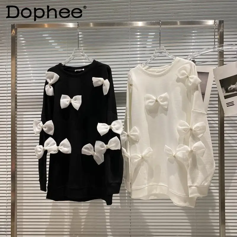 

Женская хлопковая толстовка с круглым вырезом, свободная белая толстовка большого размера с трехмерным бантом, осень 2021