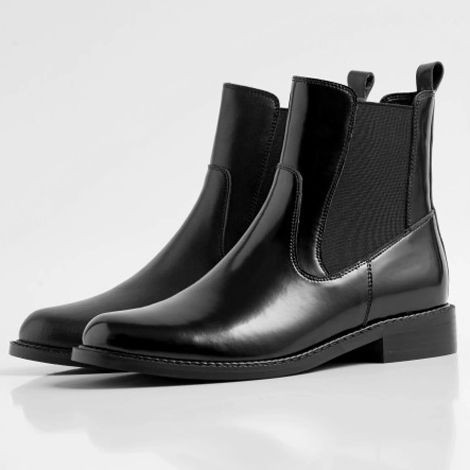 

Genuine Cow Leather Elastic Band Ankle Black Boots Shoes For Women Low Heels Winter Riding Footwear Boots Retro Handmade 2019