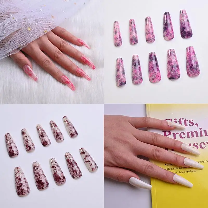 

24Pcs/Box Detachable Gradiant Pink Long Coffin False Nails Rhinestone Ballerina Coffin Fake Nails Full Cover Acrylic Nail Tips