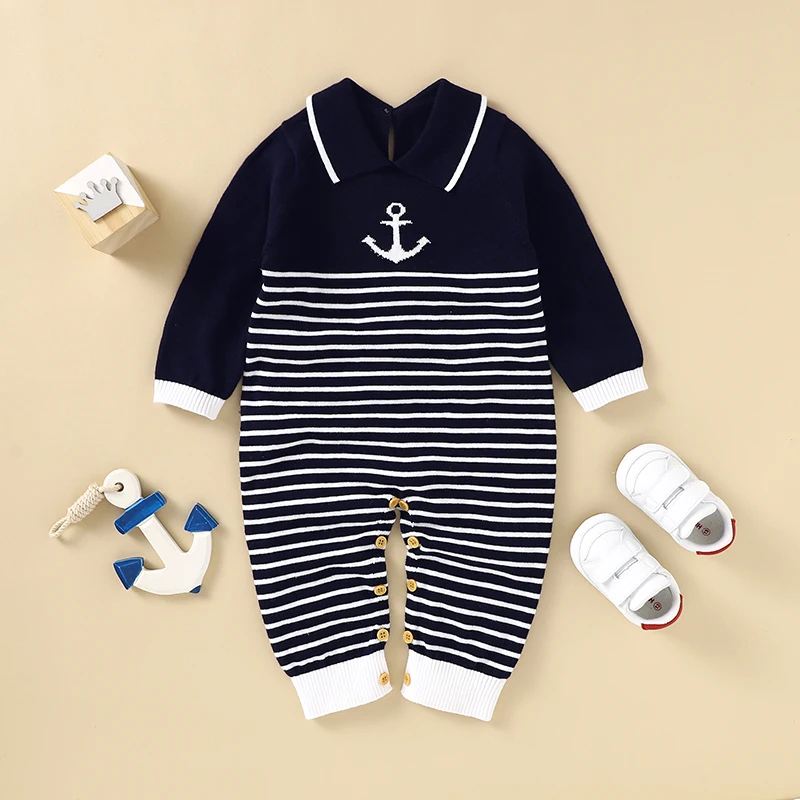 

Boy Baby Romper 100%Cotton Knit Newborn Jumpsuit Outfit Long Sleeve Autumn Toddler Child Clothing Fashion Stripe Anchor Playsuit