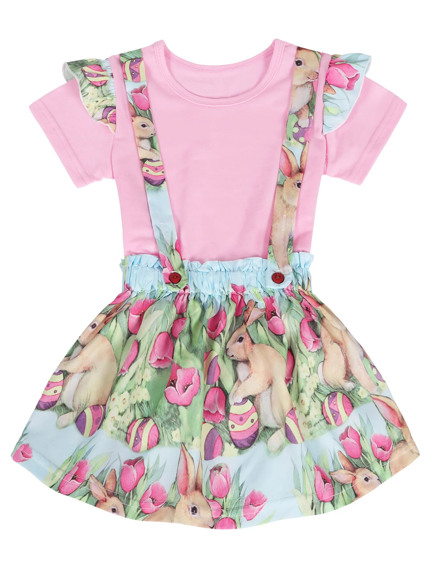 

Girls Summer Short-sleeved Blouse + The Easter Bunny Printed Shoulder-straps Two-piece Set Baby Birthday Party Christmas Dresses