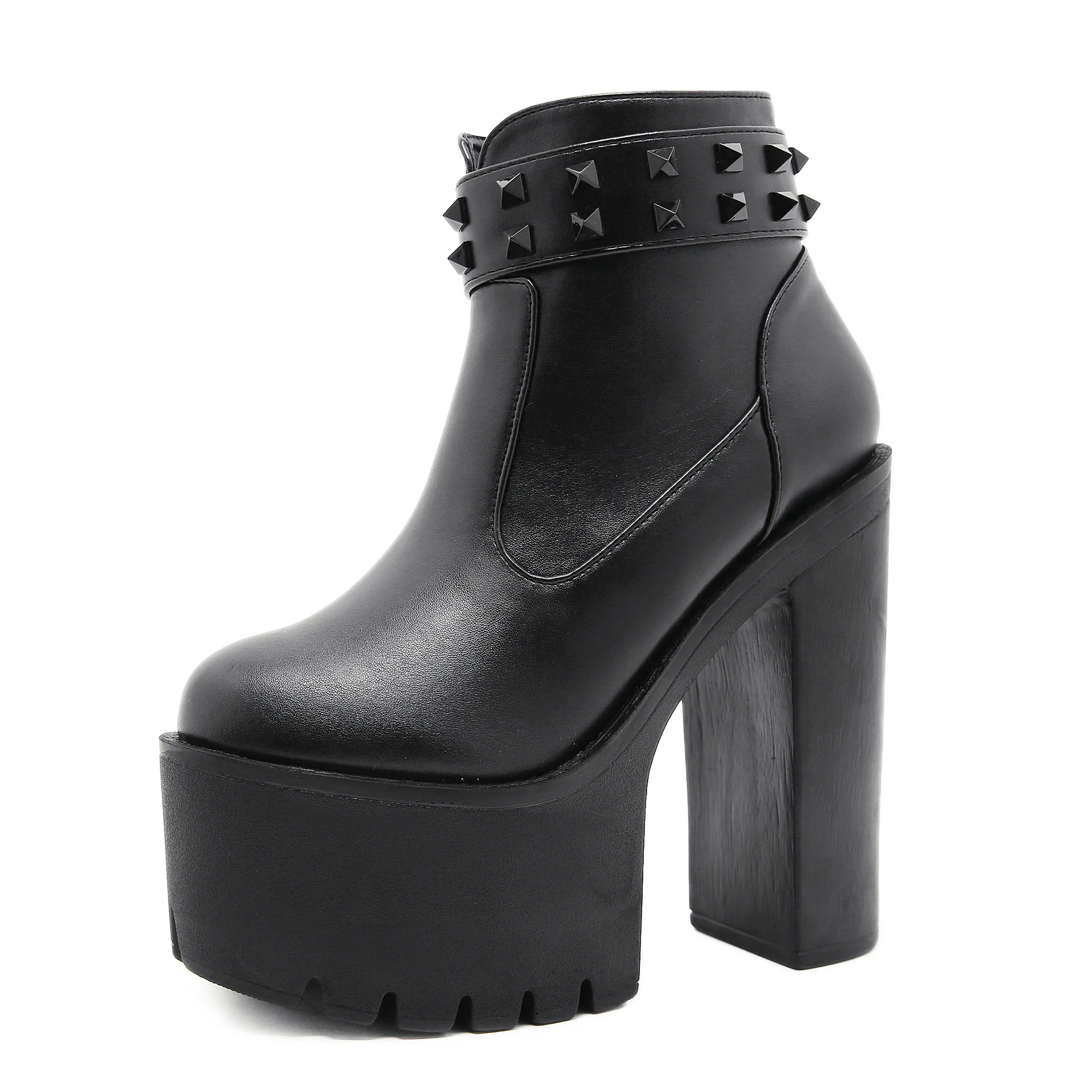 

Hot Sales Women Ankle Boots With Rivets Round Toe Thick High Heeled Short Boots Platform Boots Gothic Chunky Heel Shoes