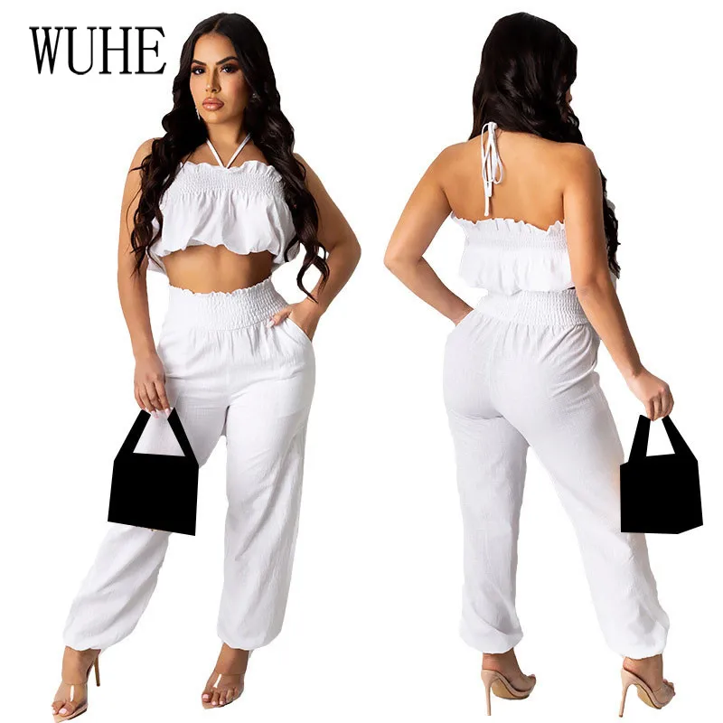 

YEYA Sleeveless Lace Up Pleated Sexy Off Shoulder Tube Top and Pockets Wide Legs Pants Casual Party Office Work Two Piece Sets