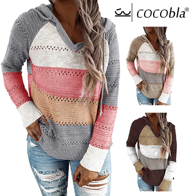 

Женский трикотажный свитер с капюшоном, винтажный Повседневный пуловер в полоску контрастных цветов с V-образным вырезом, ажурные элегантн...
