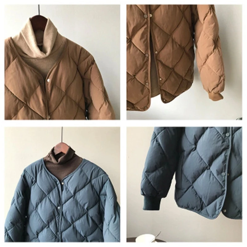 Women's Winter Short Coat Korean Solid Casual Oversize Parkas Women Single Breasted Puffer Jacket Rhombus Pattern Warm Outerwear