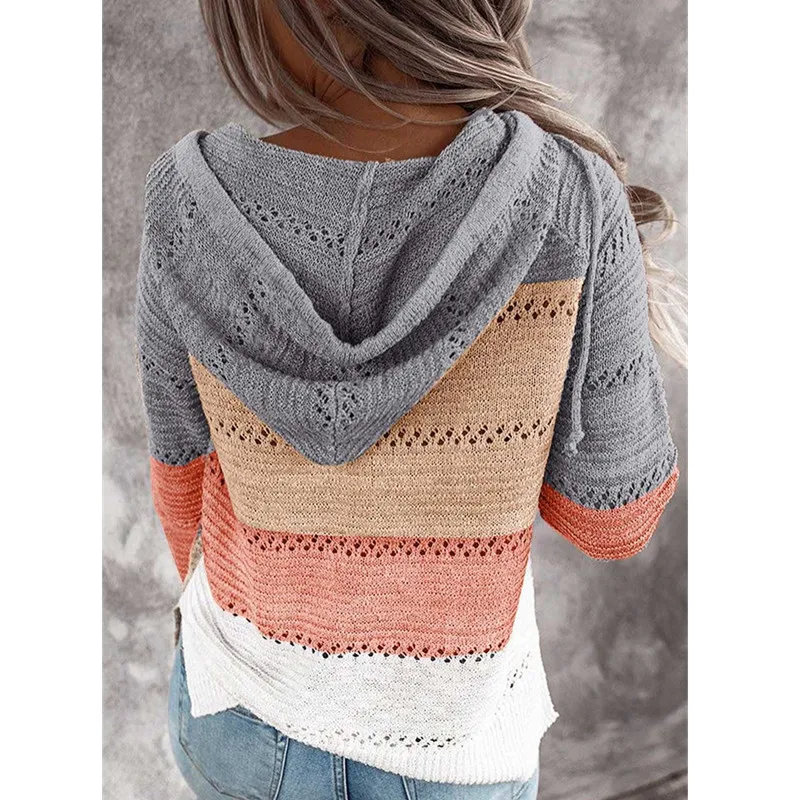 

2021 new fashion loose stitching color long-sleeved casual knitted top