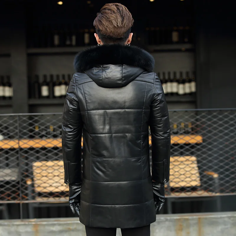 

Men's Genuine Sheepskin Leather Winter Duck Down Fur Collar Hooded Long Coat Men Jacket Y2001 YY300