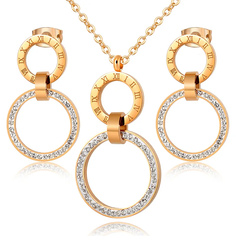 

Full Crystals Roman Numeral Choker Necklace & Earrings Sets Stainless Steel Round Circle Clavicle Necklace for Women Jewelry