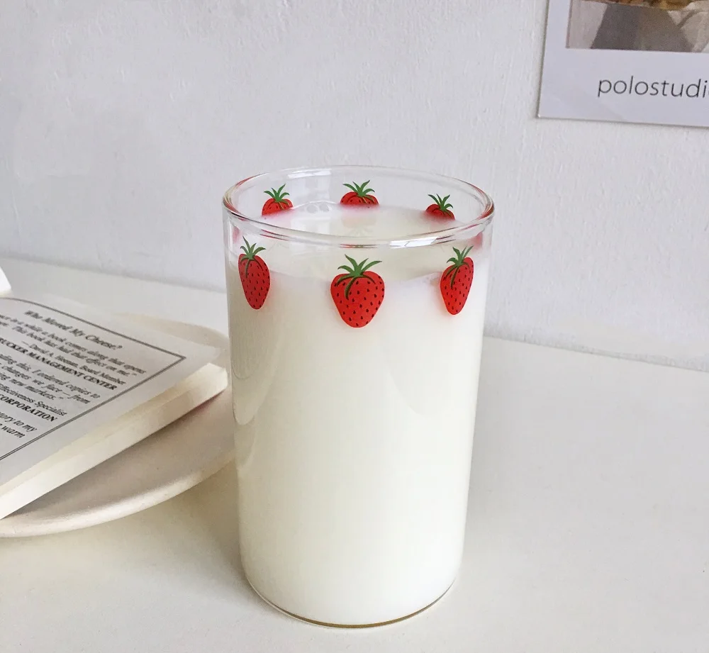 300ml Strawberry Cute Glass Cup With Straw Creative Transparent Water Student Milk Heat Resistant Nana | Дом и сад
