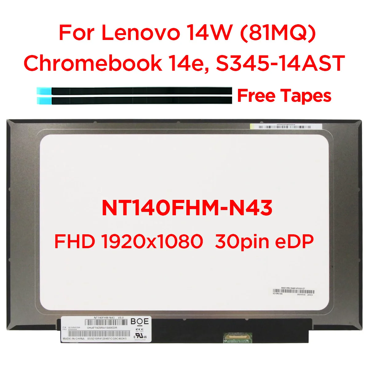 Pantalla LCD delgada de 14,0 pulgadas para ordenador portátil, NT140FHM-N43 NT140FHM N44 N32 N45 para Lenovo 14W Chromebook 14e S345-14AST FHD1920x1080 30pin eDP