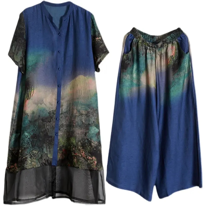 

XITAO Summer New Large Size Women Pants Sets Fashion Contrast Color Print Splicing Women Single Breasted Long Cardigan CLL1117