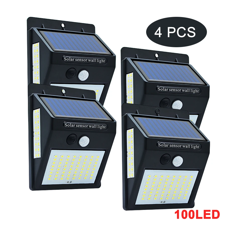 4pcs 100LED 3 sided 100/118 светодиодный солнечный свет открытый беспроводной PIR датчик движения Сад Солнечная лампа водонепроницаемый освещение безопасности - Испускаемый цвет: 4pcs 100LED 3 sided