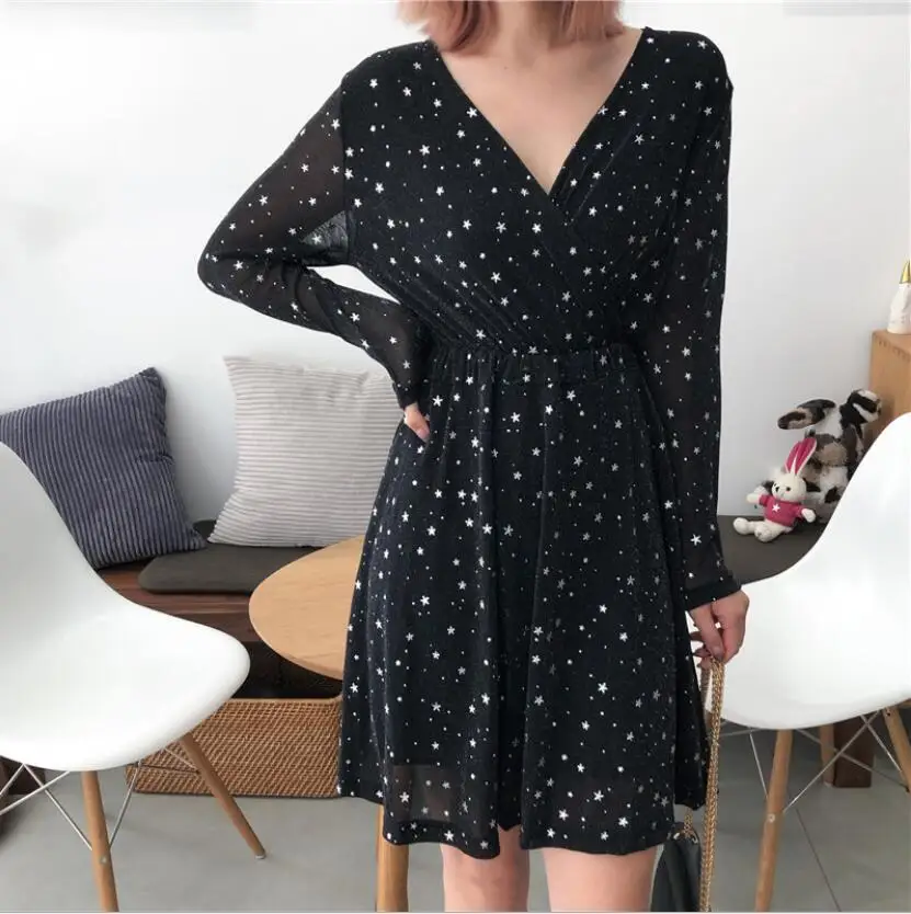 Платье с v образным вырезом и принтом звездное небо звездная луна черные вечерние