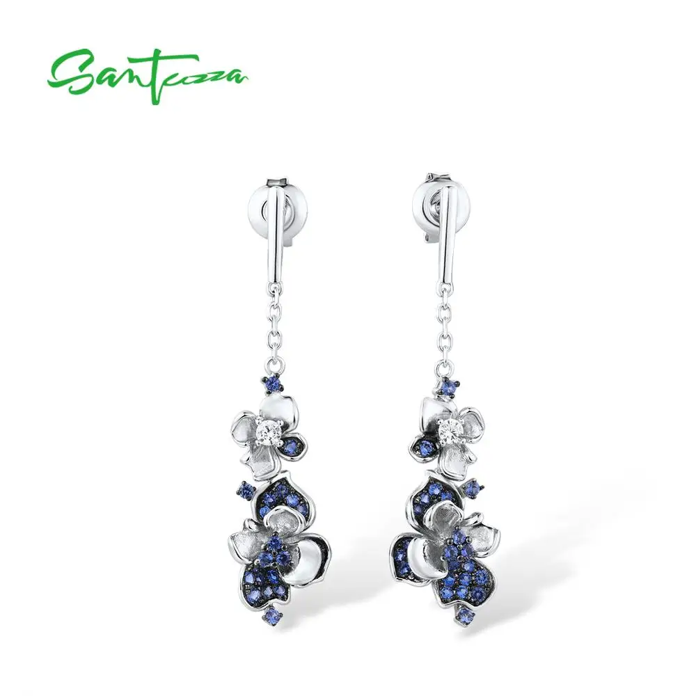 

SANTUZZA Silver Earrings For Women Pure 925 Sterling Silver Sparkling Blue Cubic Zirconia Dangling Flowers Fine Jewelry