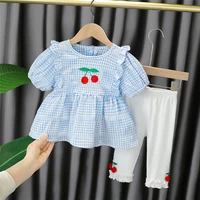 2021 summer baby girls clothing sets toddler infant outfit lace cherry plaid t shirt pants kids outfit children clothes