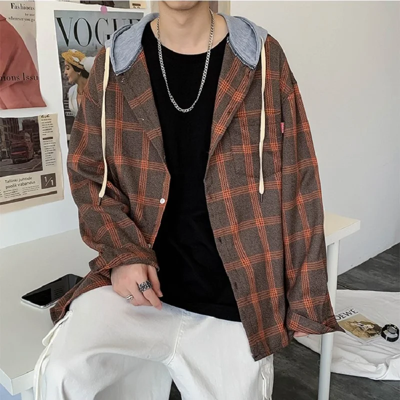 

iiDossan 2020 Men Brand Cotton Shirts Autumn Men Classic Plaid Shirt With Cap Casual Long Sleeve England Style Shirt Regular Fit