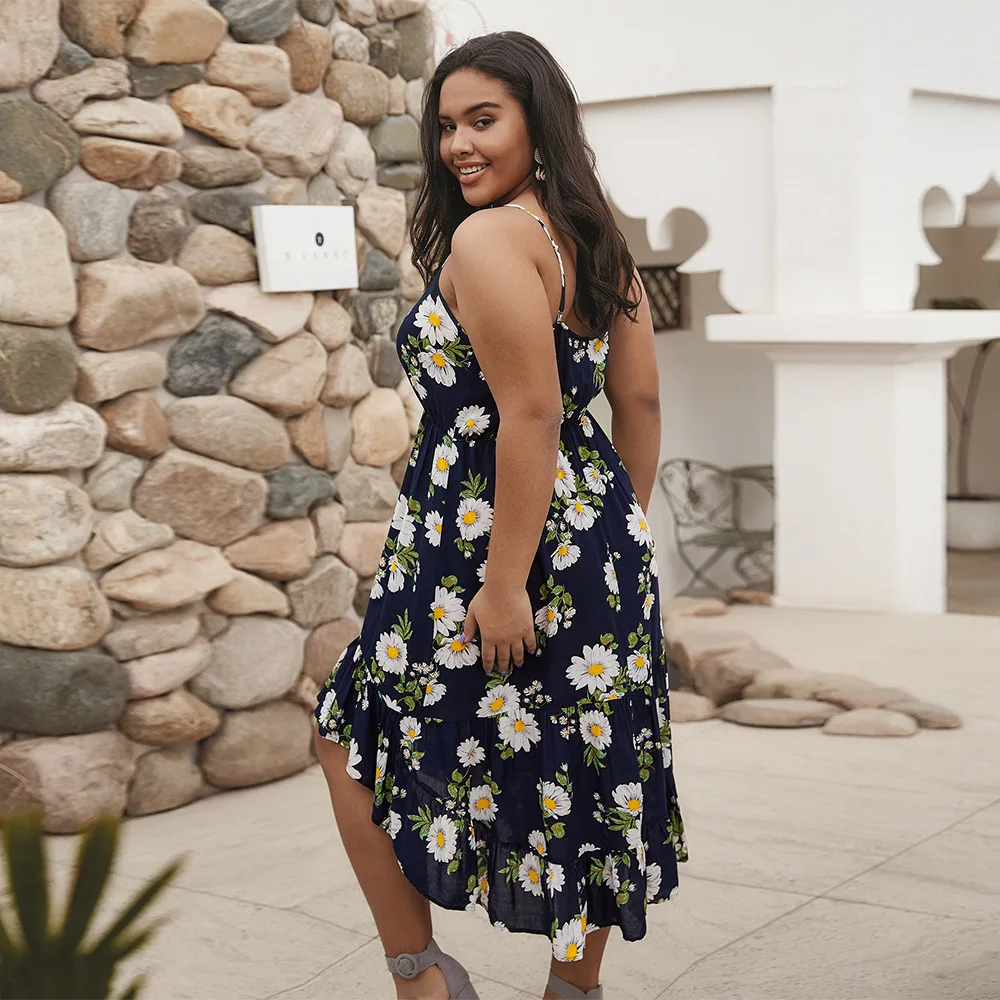 

Spaghetti Strap Oversize Cotton Midi Dress Women Casual Floral Print Party Dress Lady Backless Plus Size Beach Summer Dresses