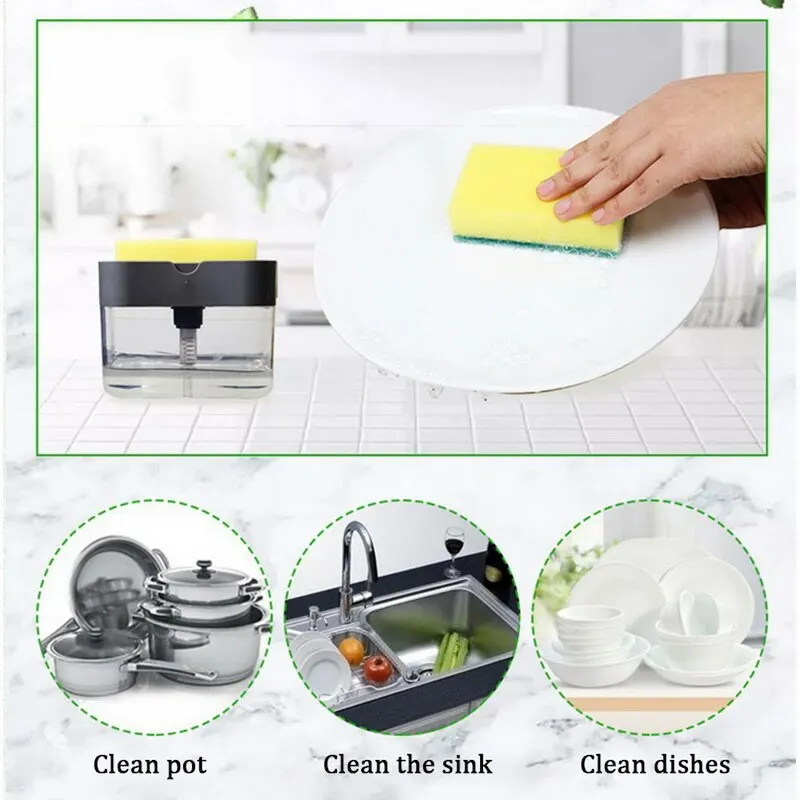 

2-in-1 Soap Pump Dispenser With Sponge Holder Liquid Dispenser Container Hand Press Soap Organizer Kitchen Cleaner Tools gray