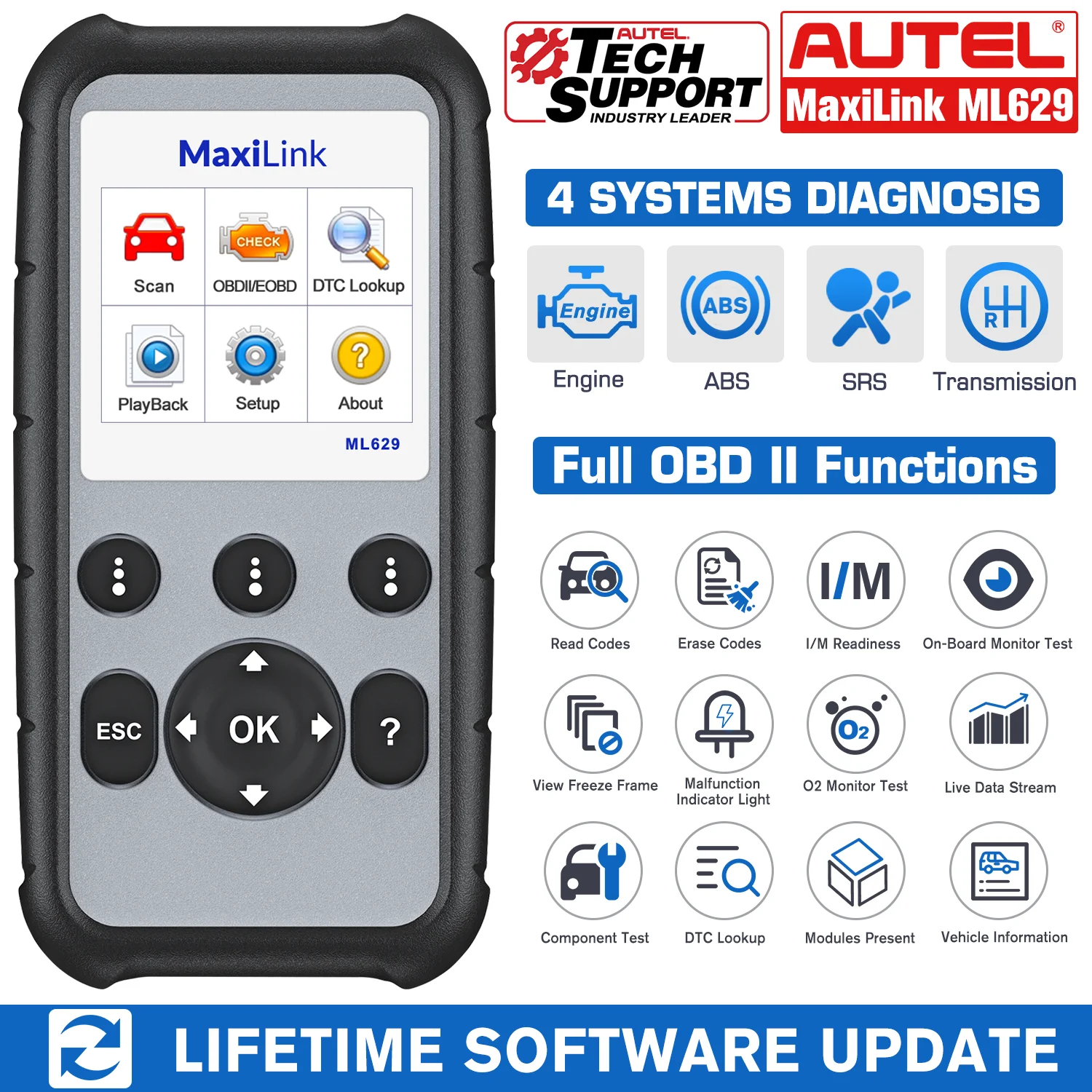 

Autel ML629 OBD2 сканер автомобильный диагностический инструмент OBDII считыватель кодов + ABS/SRS Автомобильный инструмент, лучше, чем AL619 автомобильны...