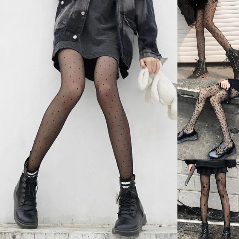 

Sexy Women Pantyhose Summer Nylon heart Print Tights Step Foot Seamless Fishnet Mesh Thin Female Hosiery Black Stockings
