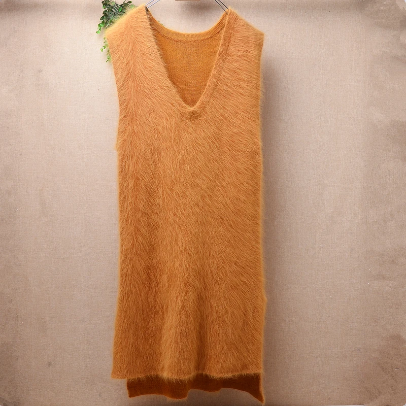 

ladies women fashion hairy mink cashmere knitwear inside v-neck split slim blouses pullover angora fur long sweater dress pull