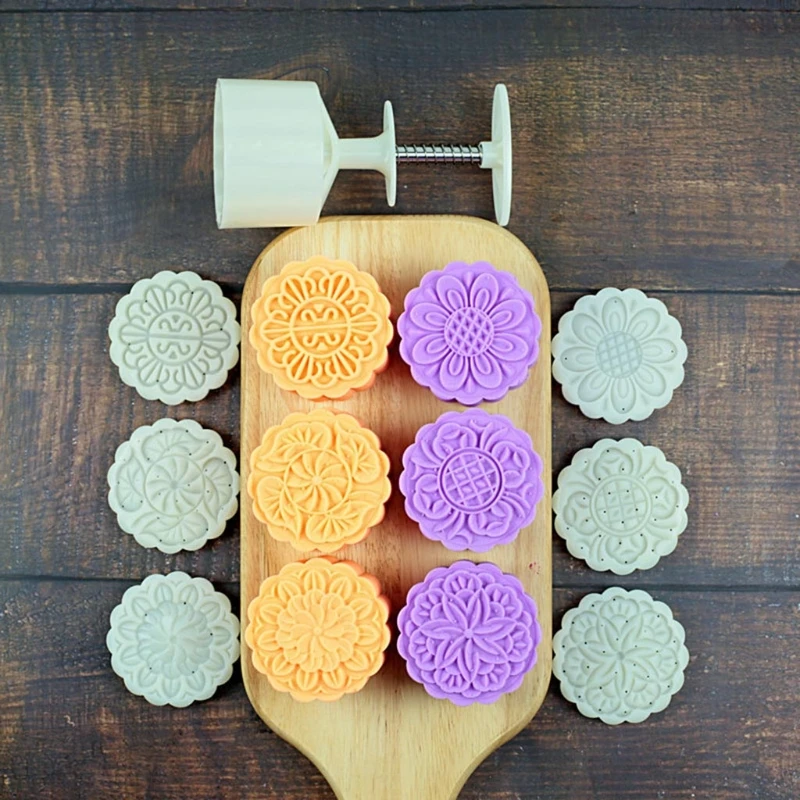 

H55A Plastic Mooncake Mold 100g Round Flower Stamps Biscuit Cookie Cutter Mould DIY Fondant Baking Tool for Mid-Autumn Festival