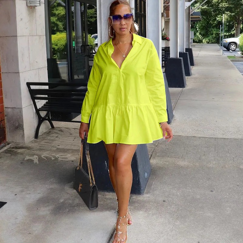 

Платье-рубашка женское с оборками на подоле, пикантная уличная одежда с длинным рукавом, свободное Повседневное платье-трапеция, Клубная од...