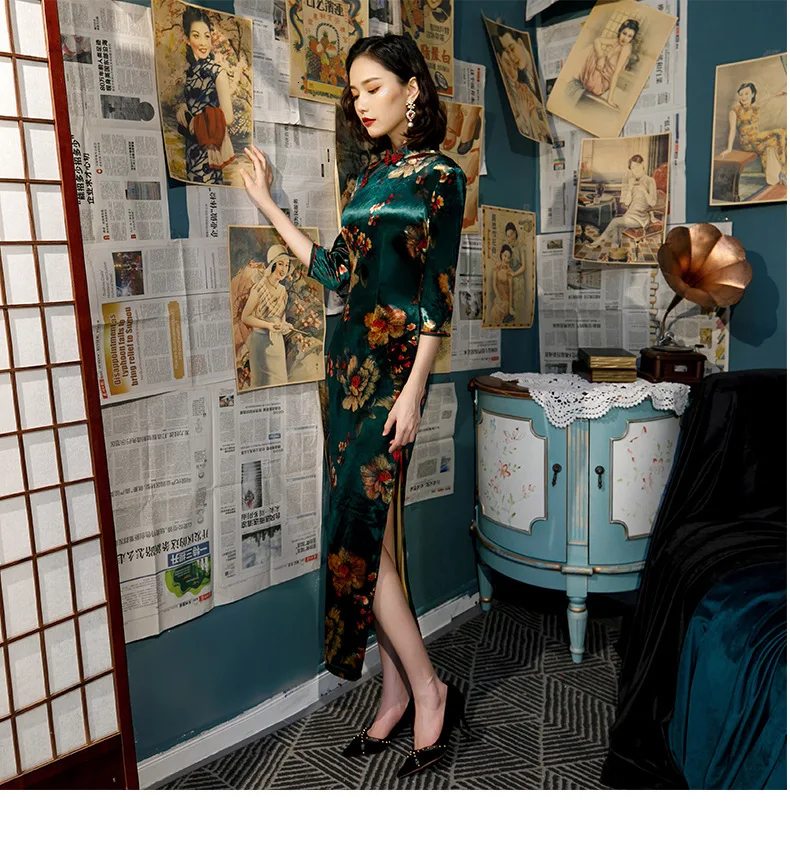 L-5XL, женские осенние велюровые платья Cheongsam, плюс размер, бархатное позолоченное традиционное китайское платье, Зеленое Длинное Qipao
