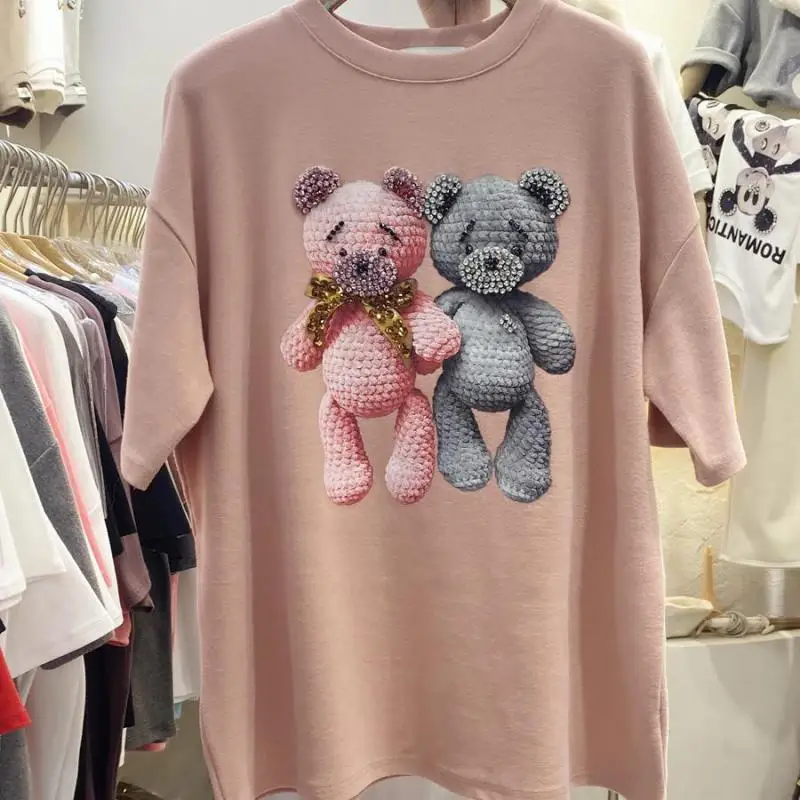 

Casual Knitted High-quality Cotton Short Sleeve T-shirt Women Korea Diamond Inlaid Bear Harajuku New Loose Thicken Tees Tops