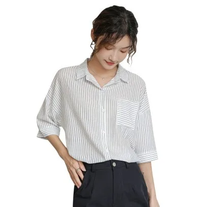 

summer of 2021 the new polo collar design feeling jacket female students white striped shirt collar short sleeve shirts