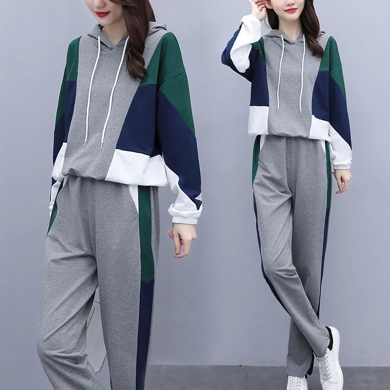 Autumn Women Patchwork Two Piece Set Plus Size Long Sleeve Hooded Tops And Pant Matching Outfits Casual Tracksuit Sport Suit | Женская