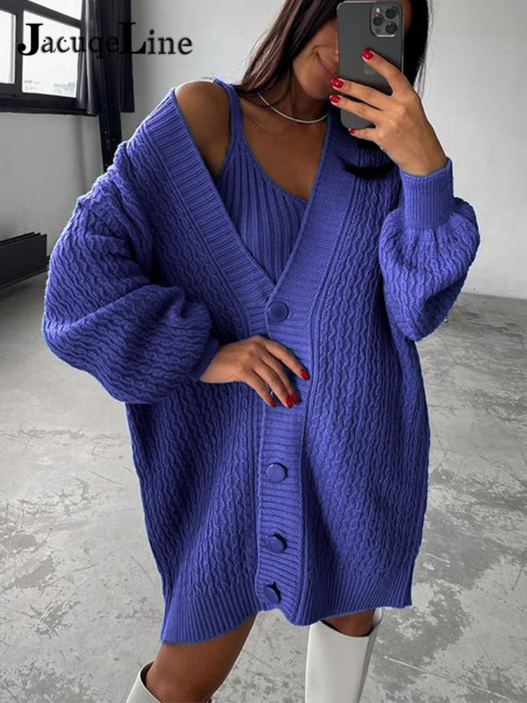 

Jacuqeline V Neck Long Sleeve Knitted Sweater Women Cardigan 2021 Winter Sexy Tank Top And Button Oversize Sweaters 2 Piece Set