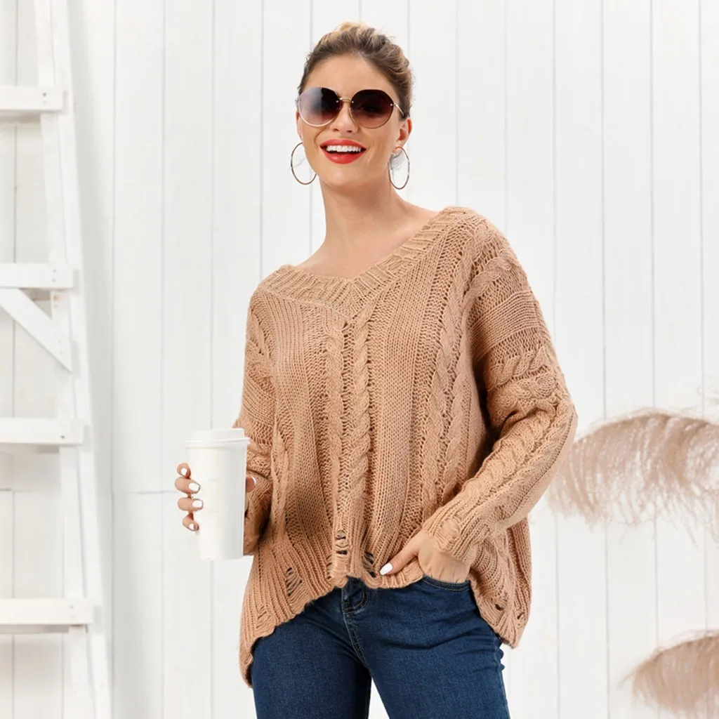 New Women Block Hole Solid Sweater Knitwear V-Neck Long Sleeve Stylish Pullover Casual knitting Soft Tops | Женская одежда