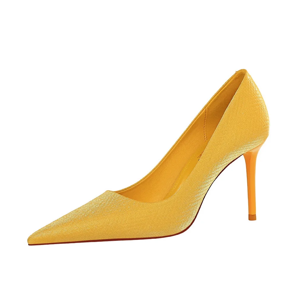 

New Korean Fashion Elegant Stiletto High Heels Shallow Mouth Pointy Embossed Satin Women's Shoes Office Professional High Heels