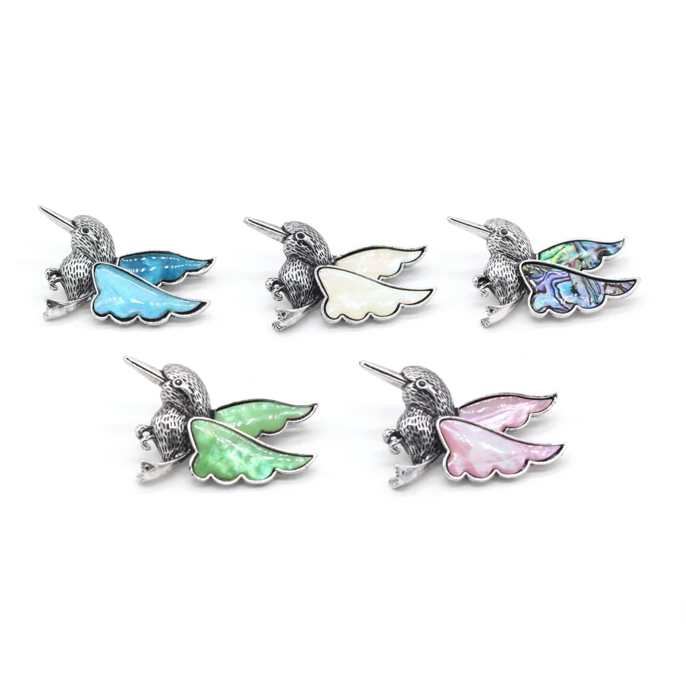 

Natural Shell Alloy Animal Pendant Brooch Bird Shape Metal Dyed Abalone Shell Accented Charms for Jewelry Making Ornament