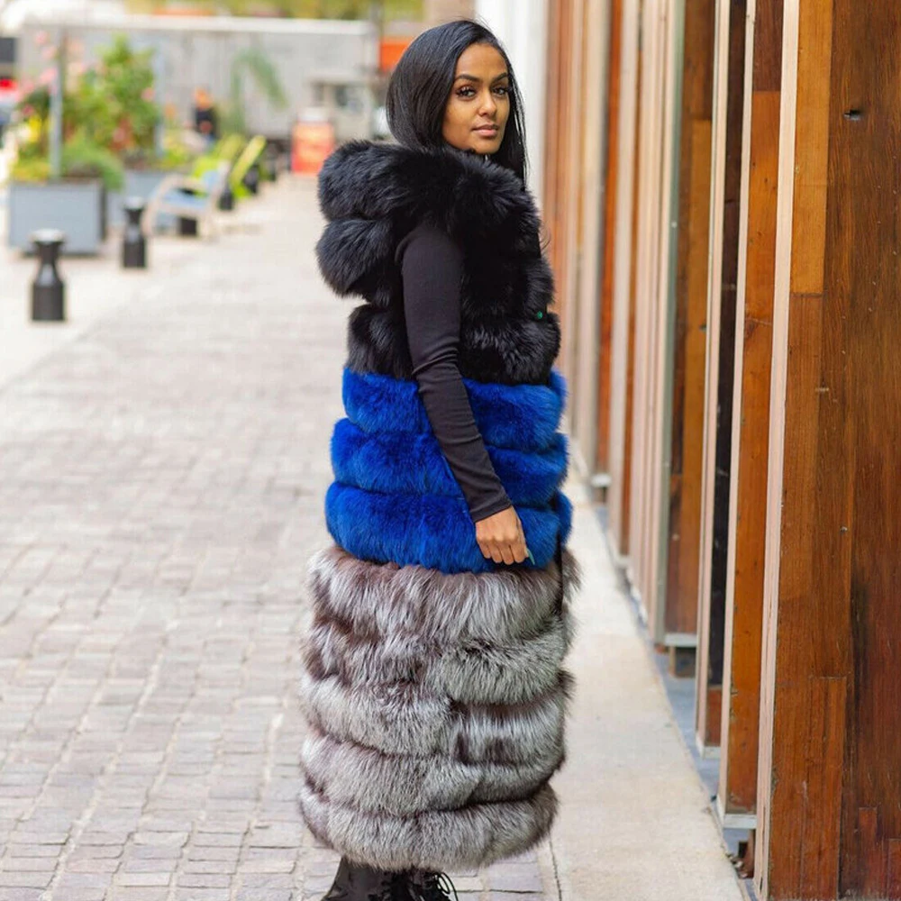 Fashion X-long Real Fox Fur Coat Sleeveless Winter New High Quality Genuine Full Pelt Fox Fur Vest with Hood Thick Fur Overcoats