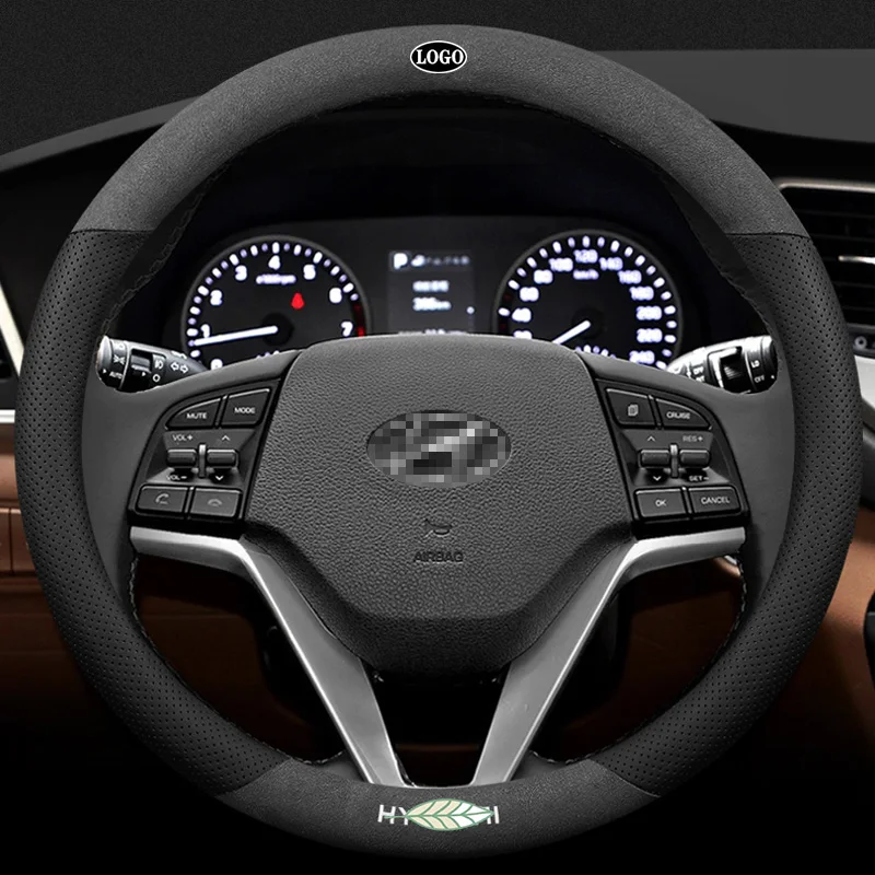 

For Hyundai 3D Laser Printing Logo Cow Leather Car Steering Wheel Cover Fit Elantra i10 i20 Grand Starex SantaFe Sonata Tucson