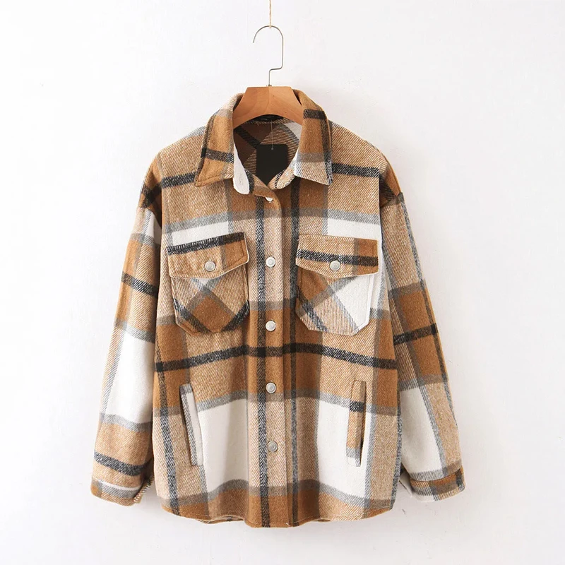 

Womens Casual Flannel Wool Blend Plaid Lapel Button Down Long Sleeve Shacket Jacket Coat Winter Loose Plaid Jacket - Pink/Cream