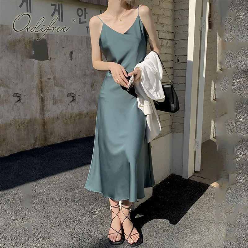 

Ordifree 2022 Summer Women Satin Slip Dress Spaghetti Strap Vintage Backless Silk Shiny Blue Long Sexy Party Dress
