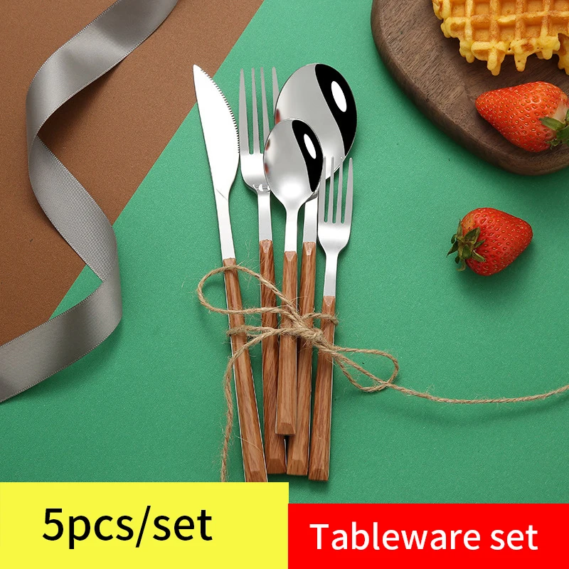 

5Pcs/Set Wooden Handle Dinnerware Tableware Cutleries Set Food Steak Knife Fork Spoon Teaspoon Kit Flatware Kitchen Accessories