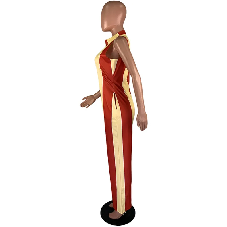 

Orange striped spandex jumpsuit 2020 new summer high street sexy sleeveless o neck high waist wide leg sexy romper lady