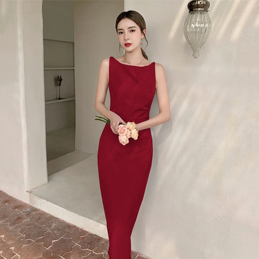 

Summer Elegant Dress Women Sleeveless Sundress High Quality Fashion Solid Slim Sheath Dresses Korean Fashion Vestidos