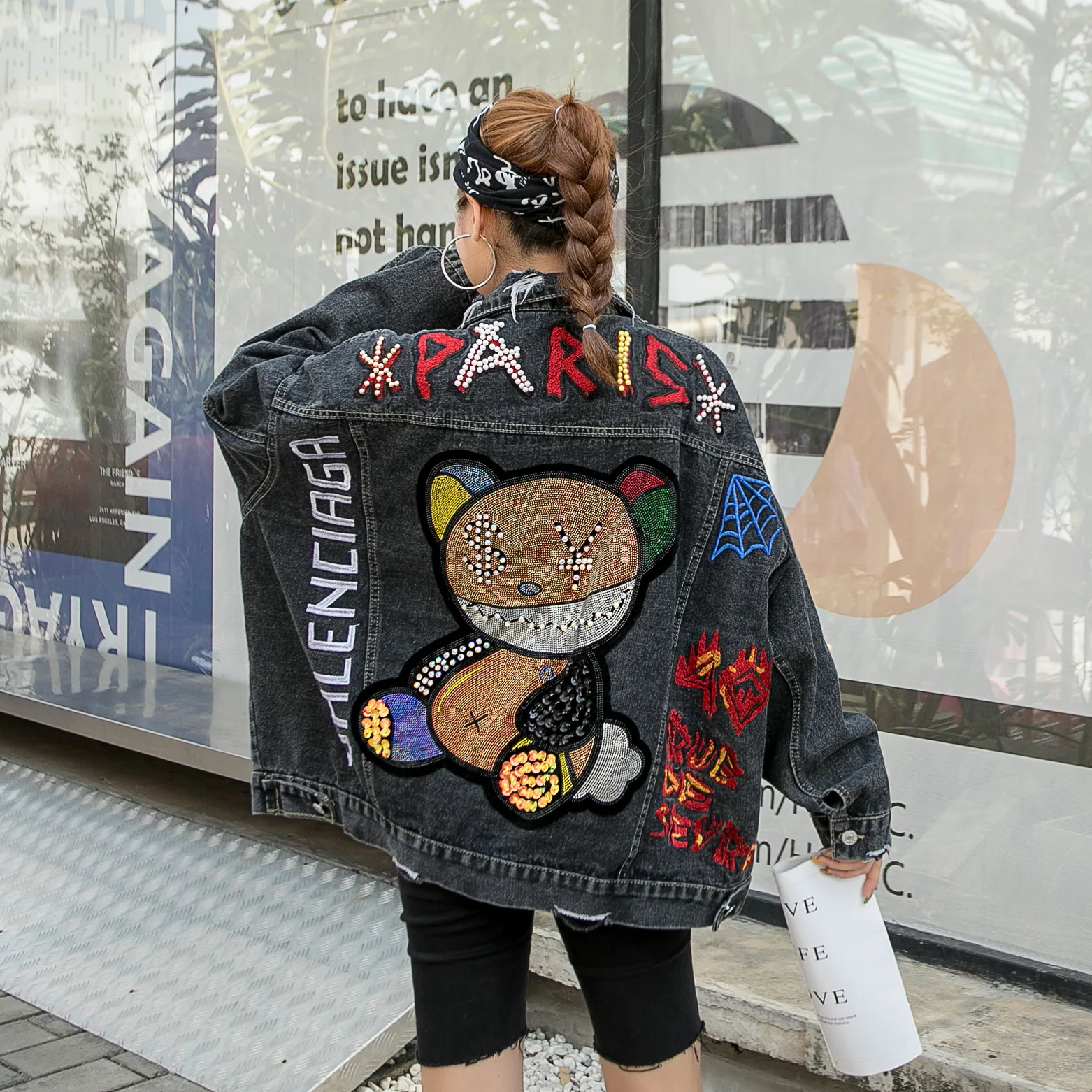 

Spring Autumn Fashion Bead Stitching Denim Jacket Women 2022 New Loose Slim Letter Cartoon Patch Cardigan Jacket Black LL231