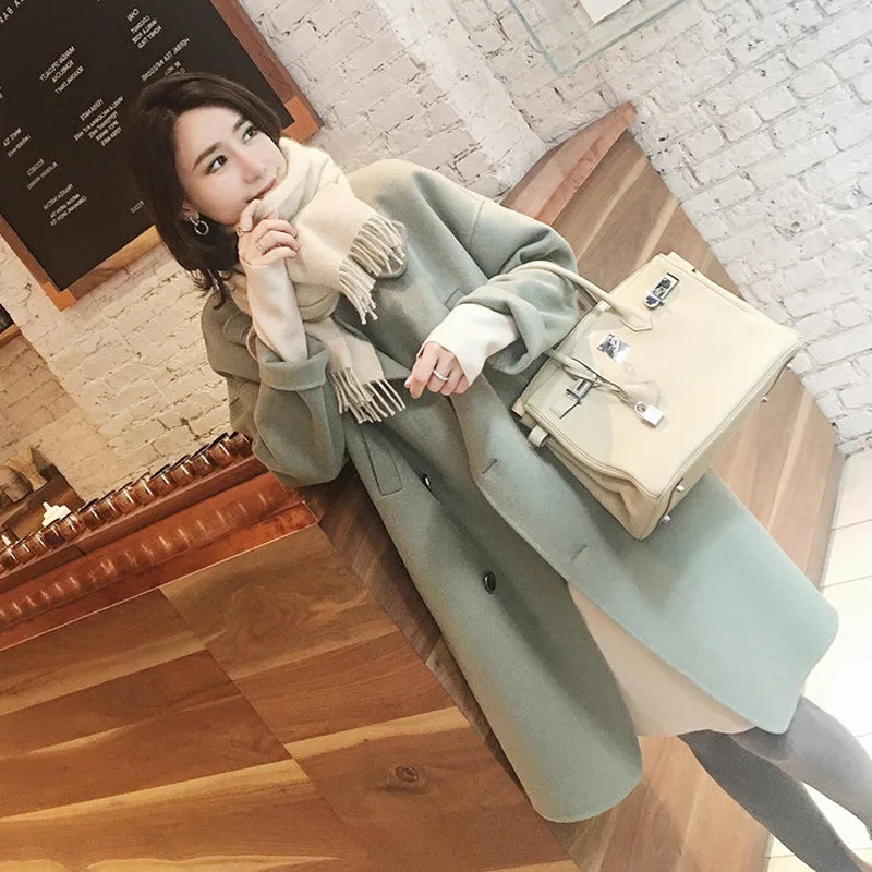 

Wool Casual Fashion Women Long Blend Coat Warm Loose Long Cashmere Jacket Solid Double Breasted Ladies Coats
