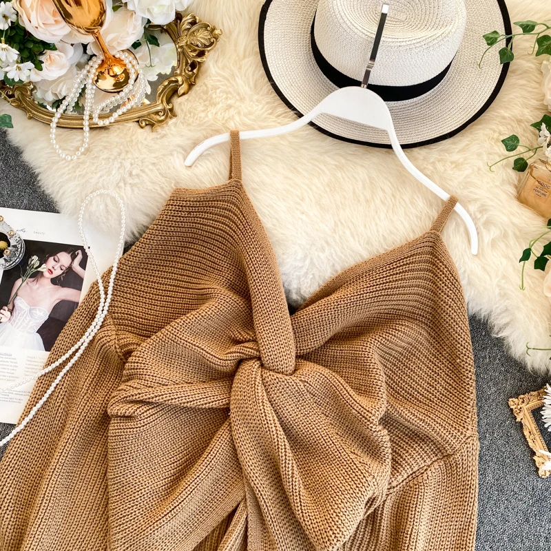 Модный свитер с открытыми плечами и узлом Женский Стильный вязаный пуловер