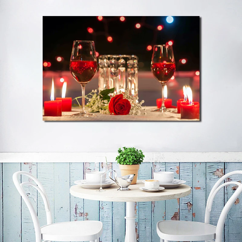 Вино чашка с розами бутылка в форме свечи художественный холст плакат картина